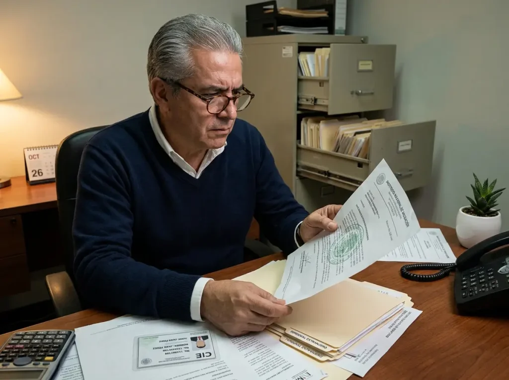 Empresario desconcertado revisando constancia de inscripción de empleador con sello del INM sobre escritorio