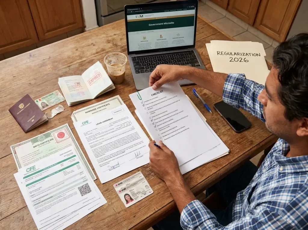 ¿Tarjeta de Residente Vencida Hace 5 Años? Sí Hay Vía 3 Extranjero organizando documentos para regularización migratoria ante el INM
