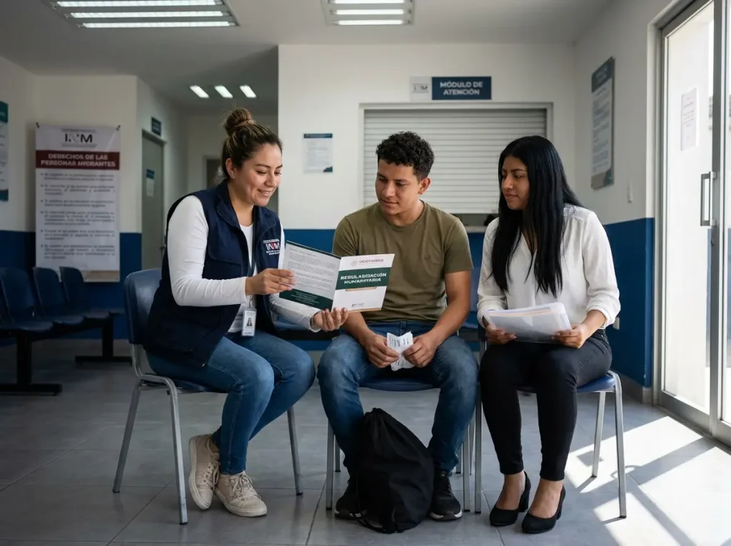 Familia extranjera recibiendo orientación migratoria gratuita por razones humanitarias