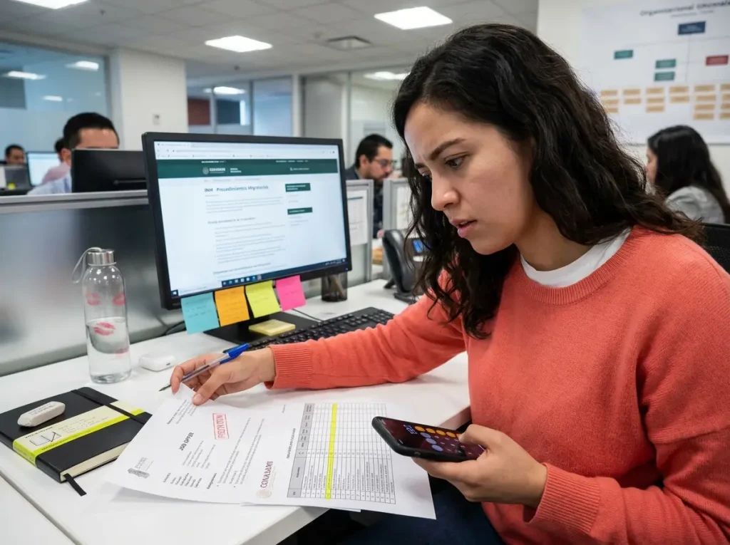 Cómo Afecta el Salario Mínimo Profesional a Tu CIE 3 Analista de RH revisando oferta de empleo rechazada por INM junto a tabla de salarios mínimos profesionales