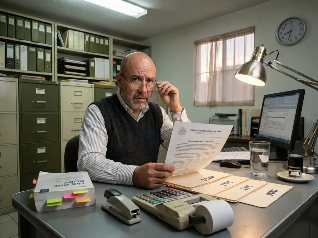 Contador revisando notificación de multa por incumplimiento migratorio junto a expedientes de personal extranjero