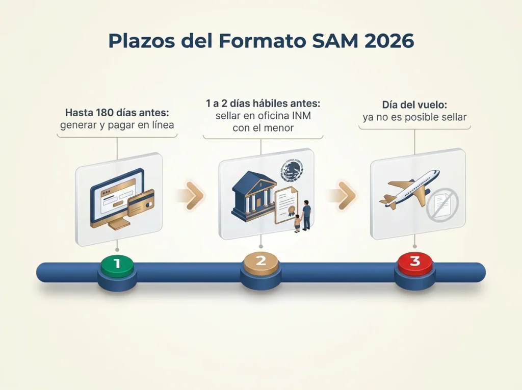 ¿El Formato SAM para Menores Ya No Es Gratis? 5 Infografía de línea de tiempo del Formato SAM con tres hitos de plazos: generar en línea, sellar antes y día del vuelo