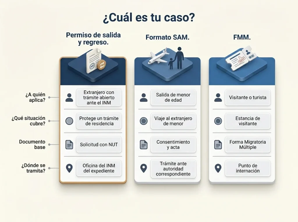 Permiso de Salida y Regreso, No Pierdas tu Trámite 3 Infografía comparativa de tres trámites migratorios con columnas para quién aplica, qué cubre, documento base y dónde se tramita