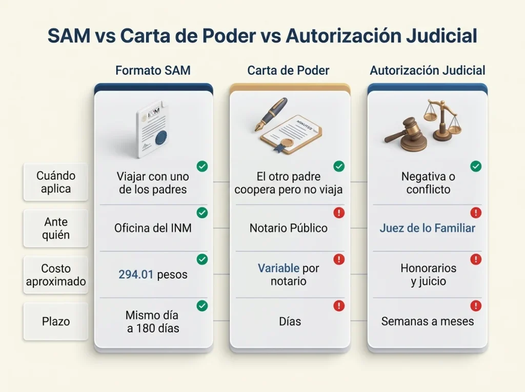 ¿El Formato SAM para Menores Ya No Es Gratis? 8 Tabla comparativa de SAM, Poder Notarial y Autorización Judicial con cuándo aplica, ante quién, costo y plazo