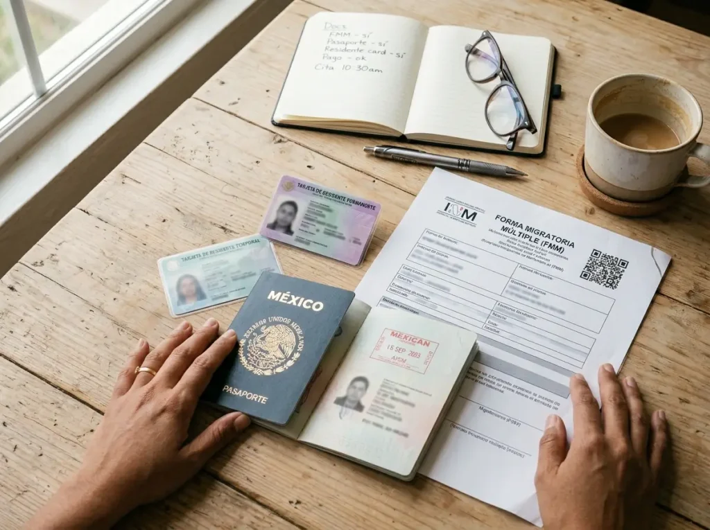 Documentos migratorios que acreditan el estatus migratorio sobre una mesa de trabajo
