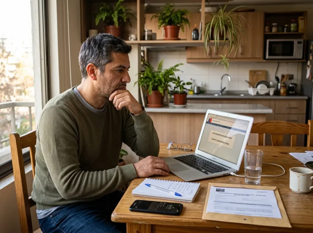 Extranjero revisa su estatus migratorio en una laptop en casa con expresión de confusión