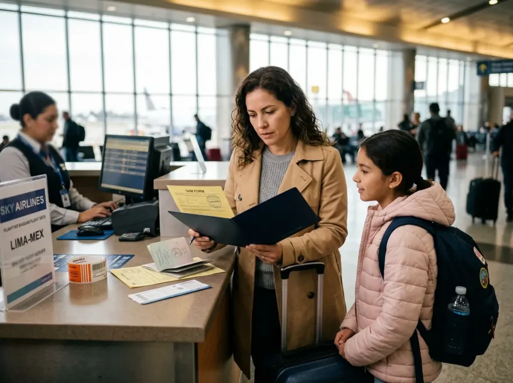 ¿El Formato SAM para Menores Ya No Es Gratis? 6 Madre y su hija revisan el Formato SAM en el mostrador del aeropuerto antes de documentar