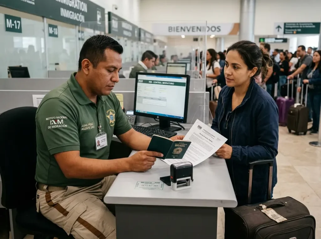 Permiso de Salida y Regreso, No Pierdas tu Trámite 6 Agente del INM revisa el permiso de salida y regreso de una viajera en el mostrador del aeropuerto
