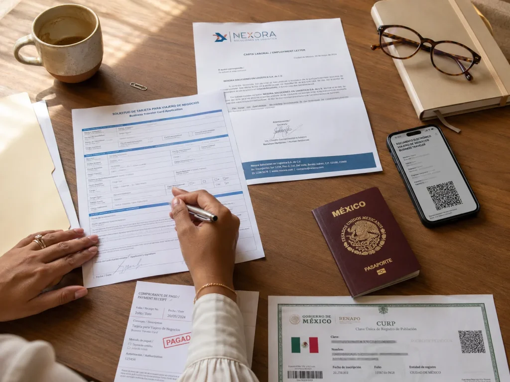 ¿Cuánto Cuesta de Verdad la Tarjeta APEC (ABTC)? 5 Documentos para tramitar la tarjeta ABTC sobre una mesa pasaporte solicitud y carta membretada