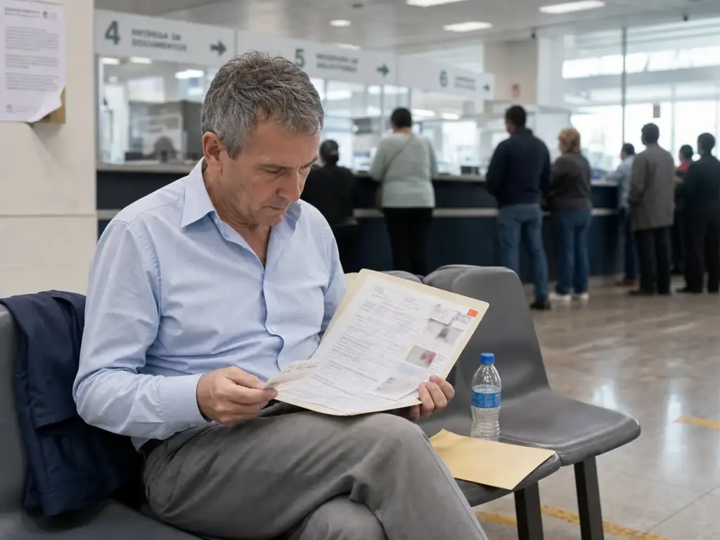 4 Errores en la Renovación Temporal INM que Cuestan Caro 3 Extranjero espera su turno con el expediente de renovación temporal INM en una oficina migratoria