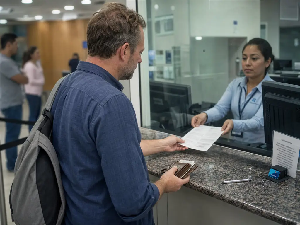 Extranjero paga los derechos de expedición de tarjeta de residente en ventanilla bancaria en México