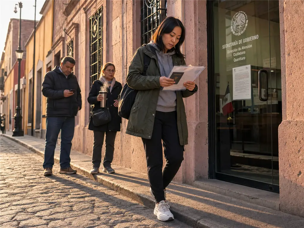 Extranjeros esperan temprano fuera de una oficina del INM en Querétaro para tramitar el canje de visa