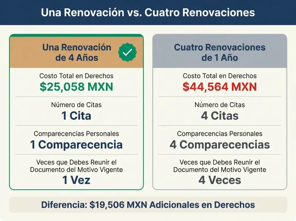 4 Errores en la Renovación Temporal INM que Cuestan Caro 2 Infografía comparando renovación de residencia a 4 años contra cuatro renovaciones anuales: costo, citas y comparecencias