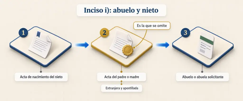 Infografía mostrando la cadena de tres actas del inciso i) para abuelos, con la etapa que la gente omite señalada.