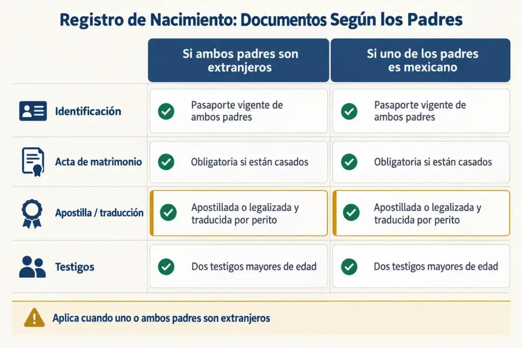 Registro de Nacimiento en México Paso a Paso 3 Infografía comparando los requisitos del registro de nacimiento cuando ambos padres son extranjeros o solo uno es mexicano