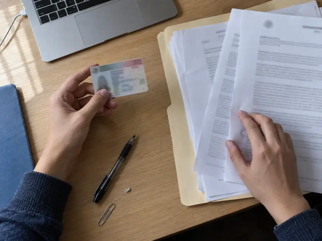 Residente Estudiante con Oferta de Empleo en México 1 Manos de estudiante revisando tarjeta de residente temporal estudiante sobre escritorio