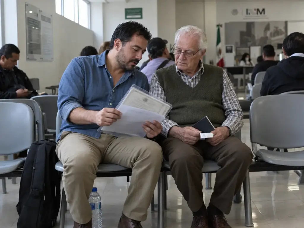 Hijo mexicano acompañando a su padre extranjero a inscribirlo a residencia permanente en México