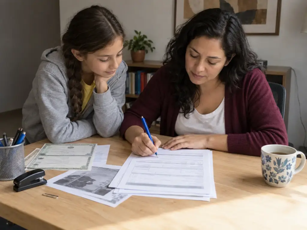 Madre extranjera con residencia permanente firmando el formato del INM para inscribir a su hija menor