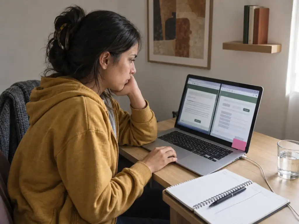 Cómo Hacer Trámites en el INM Sin Perder Tiempo 4 Mujer extranjera comparando los dos portales oficiales para trámites en el INM desde su laptop