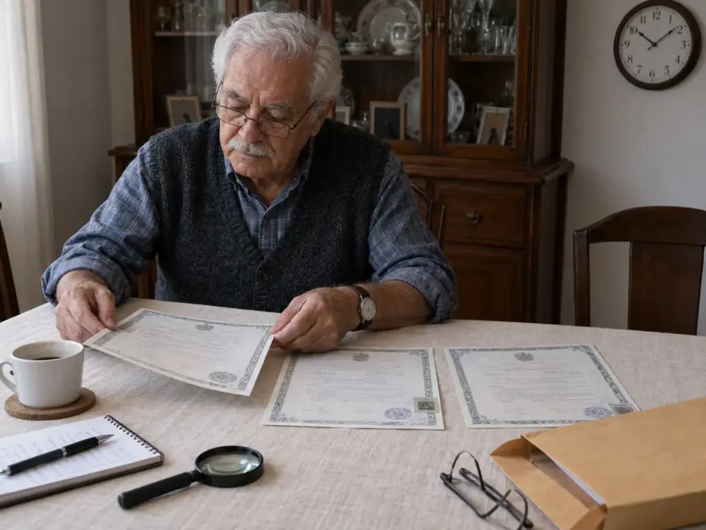 Abuelo extranjero revisando las tres actas de nacimiento que pide el INM para residencia por nieto mexicano