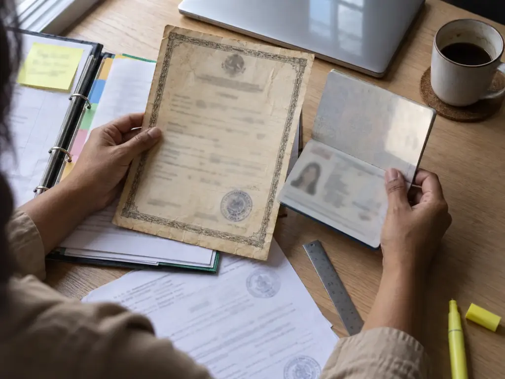 Manos comparando un acta de nacimiento antigua contra un pasaporte por diferencia de nombres