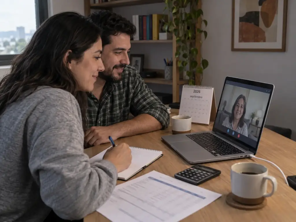 Pareja en videollamada con su familiar en el extranjero para decidir la vía del trámite de residencia