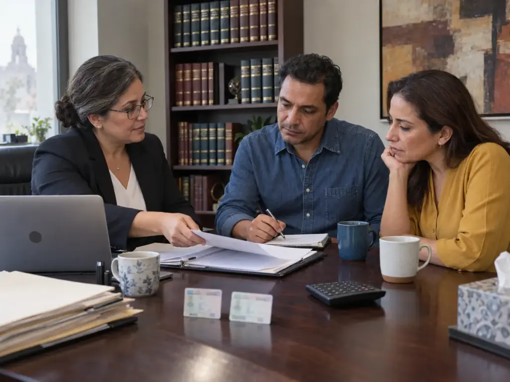 7 Derechos en la Visita de Verificación del INM 10 Familia extranjera en consulta legal tras una visita de verificación del INM revisando su expediente