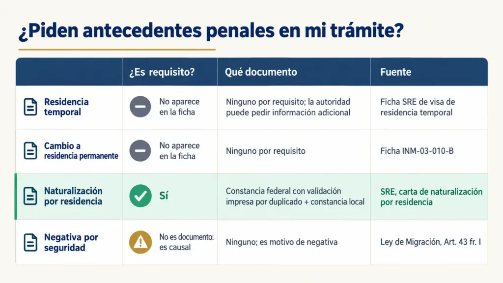 Tabla comparativa de si piden antecedentes penales en residencia temporal, permanente, naturalización y negativa Art. 43