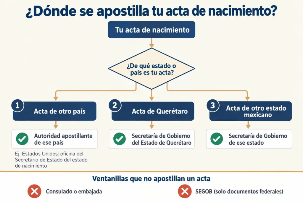 Árbol de decisión con las tres ventanillas para apostillar un acta de nacimiento según su origen y las que no apostillan