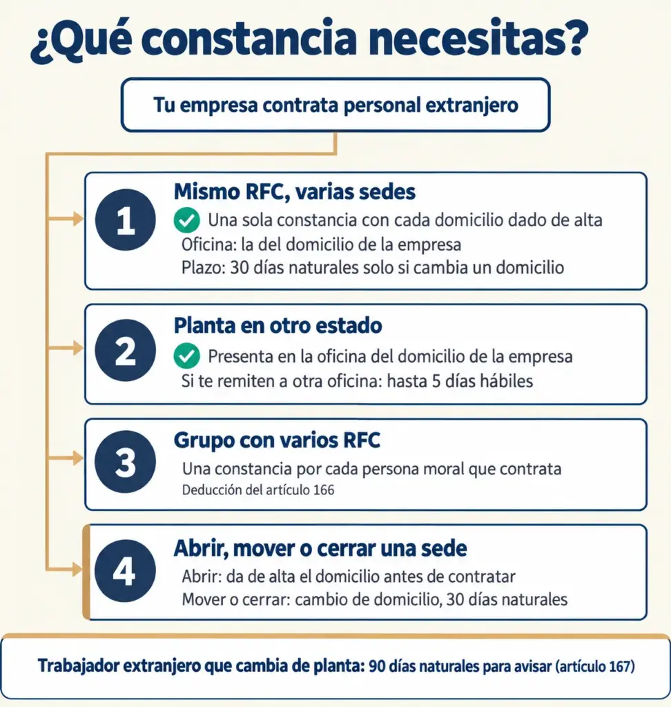 Infografía con cuatro caminos para la CIE de sucursales y plantas: constancia, oficina y plazo de cada caso