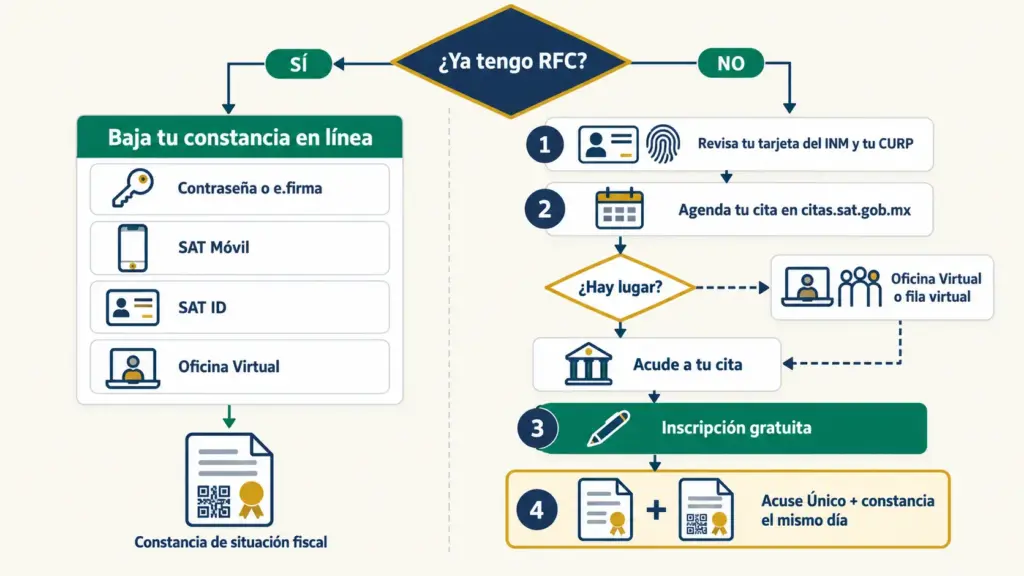 Diagrama de flujo para obtener la constancia fiscal: con RFC, descarga en línea; sin RFC, cita en el SAT e inscripción gratuita