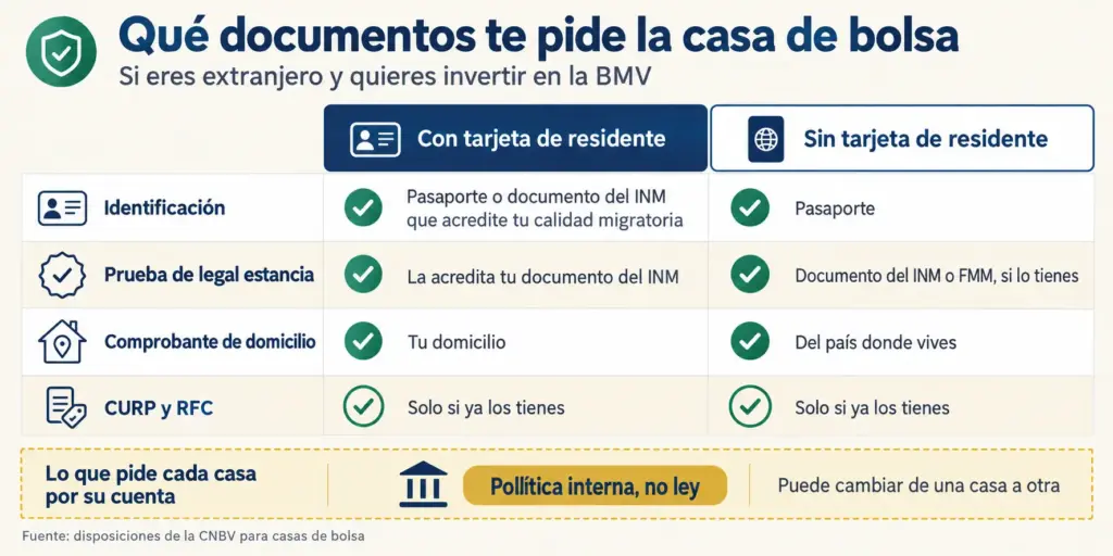 3 Errores al Invertir en la BMV como Extranjero 2 Tabla comparativa de los documentos que pide la casa de bolsa a un extranjero con y sin tarjeta de residente