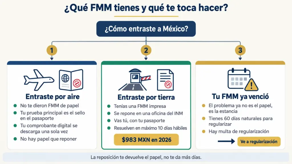 Árbol de decisión de la FMM: entrada por aire con sello, por tierra con FMM impresa y FMM vencida con regularización
