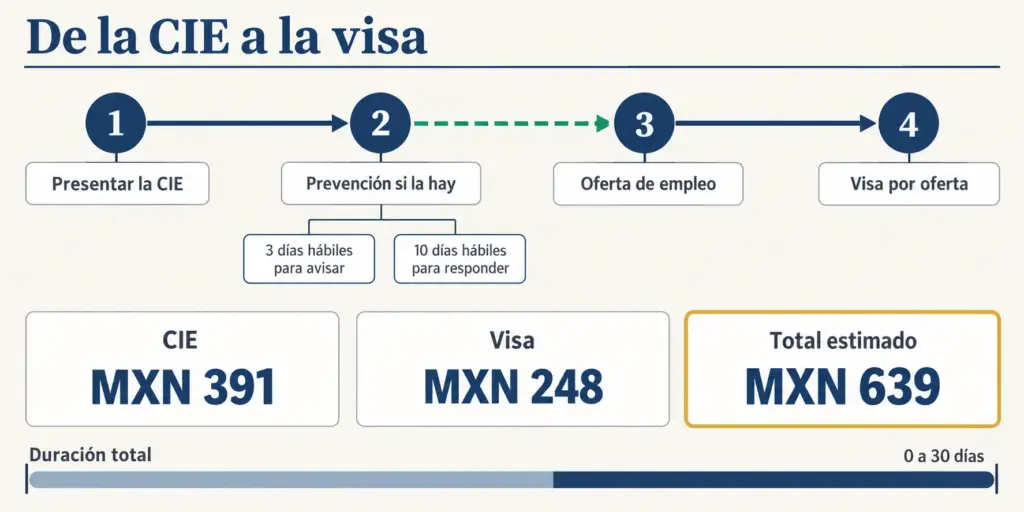 5 Errores al Tramitar la CIE por Primera Vez en Tu Empresa 2 Línea de tiempo de cuatro pasos, de la CIE a la visa por oferta de empleo, con costos, plazos y prevención del INM
