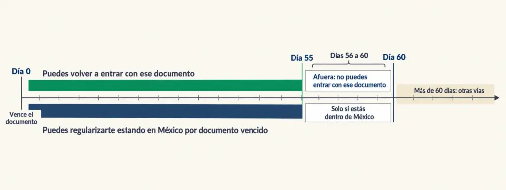 Salir de México y Reentrar vs Regularizar Dentro del País 2 Infografía de línea de tiempo: 55 días para reingresar con documento vencido y 60 para regularizarte dentro de México