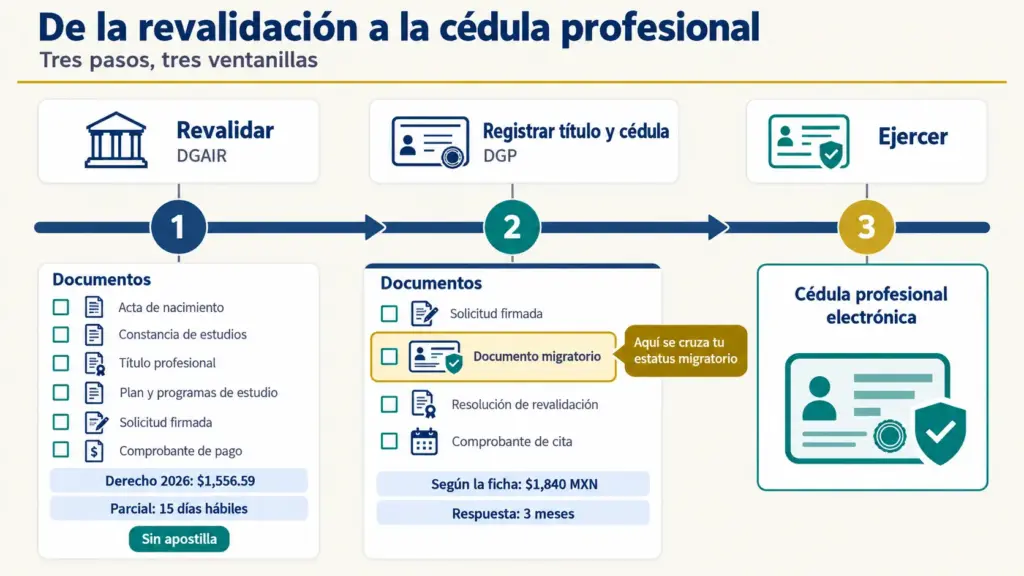 ¿Validar Estudios Extranjeros ante la SEP? Es Revalidar 5 Infografía de línea de tiempo en tres pasos: revalidar en DGAIR, registrar título y cédula en DGP, y ejercer, con documentos.