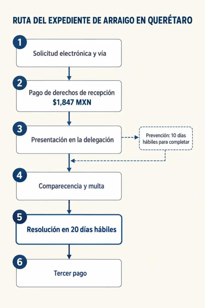 Arraigo en Querétaro Paso a Paso, Cuál Vía Te Toca 5 Diagrama de flujo del arraigo en Querétaro: seis pasos, de la solicitud a la resolución, con pago de $1,847