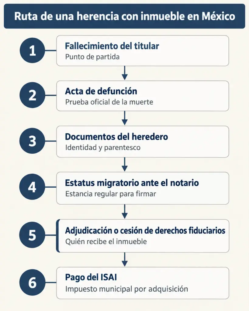 Diagrama de flujo de una herencia con inmueble en México: del fallecimiento a la adjudicación y el pago del ISAI