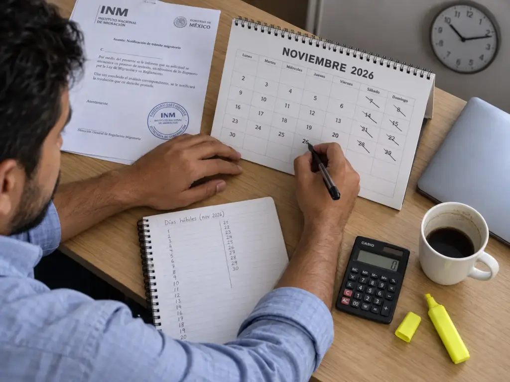 Manos de un hombre contando días hábiles en un calendario de escritorio 2026 junto al oficio de negativa del INM