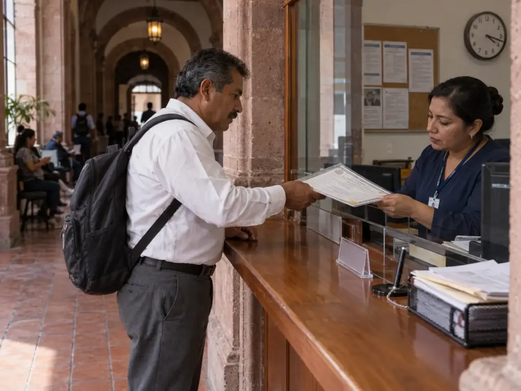 Hombre entregando un acta de nacimiento en una ventanilla de gobierno en Querétaro para apostillarla