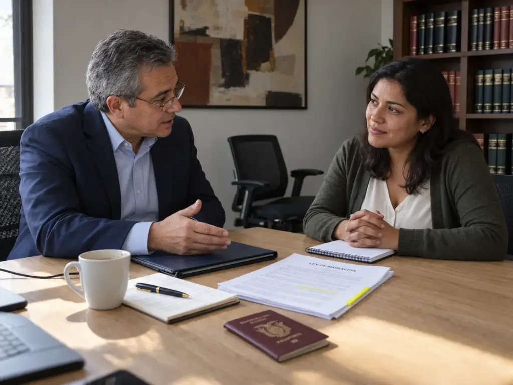 Cómo Armar la Carpeta de Evidencias para Acreditar Arraigo 1 Abogado migratorio explicando a una clienta qué significa arraigo migratorio frente a una carpeta de evidencias