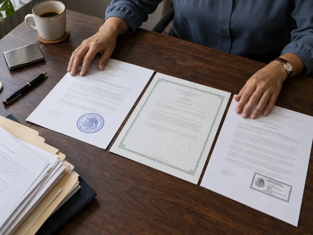 Manos ordenando tres documentos distintos sobre una mesa, entre ellos la carta de naturalización mexicana