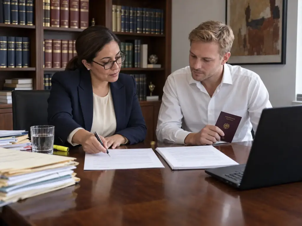 Requisitos del Contrato Laboral para Tu Visa de Trabajo 1 Abogada migratoria revisando con un cliente extranjero la carta oferta y el contrato laboral para su visa de trabajo