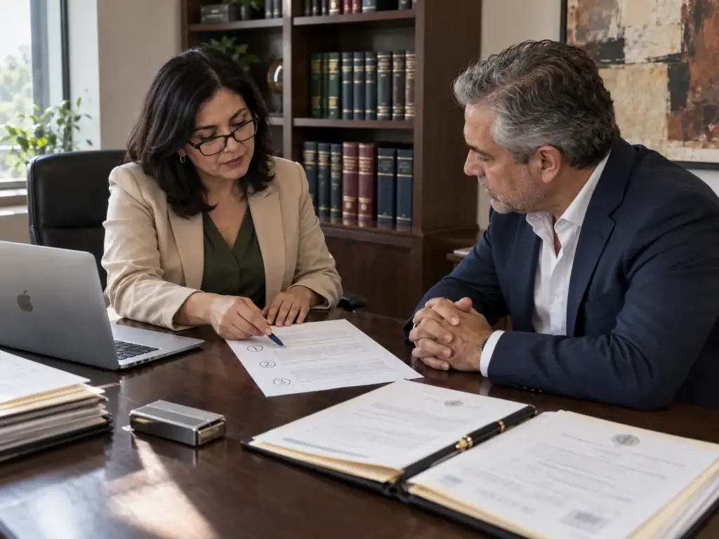 Abogada migratoria y empresario revisando la CIE con tres domicilios de sucursales de una misma empresa en el despacho