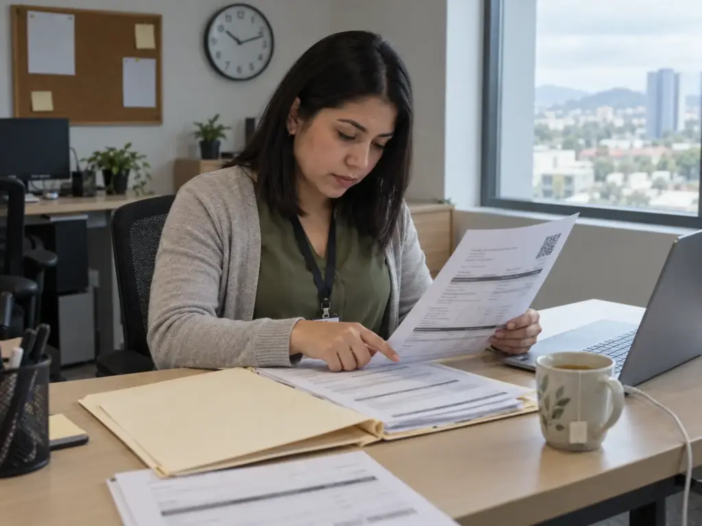 Responsable de recursos humanos revisa la constancia de situación fiscal de un nuevo empleado extranjero en México