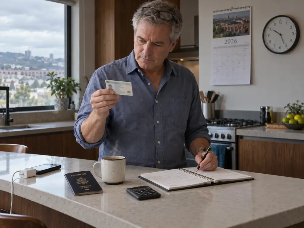Hombre revisando la fecha de vencimiento de su tarjeta de residente para calcular su calendario de regularización