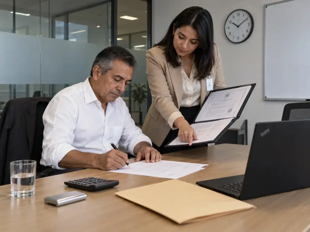 Visa de Visitante con Permiso para Trabajar en 5 Pasos 1 Representante legal y jefa de recursos humanos firman una oferta de empleo para un extranjero en una empresa de Querétaro