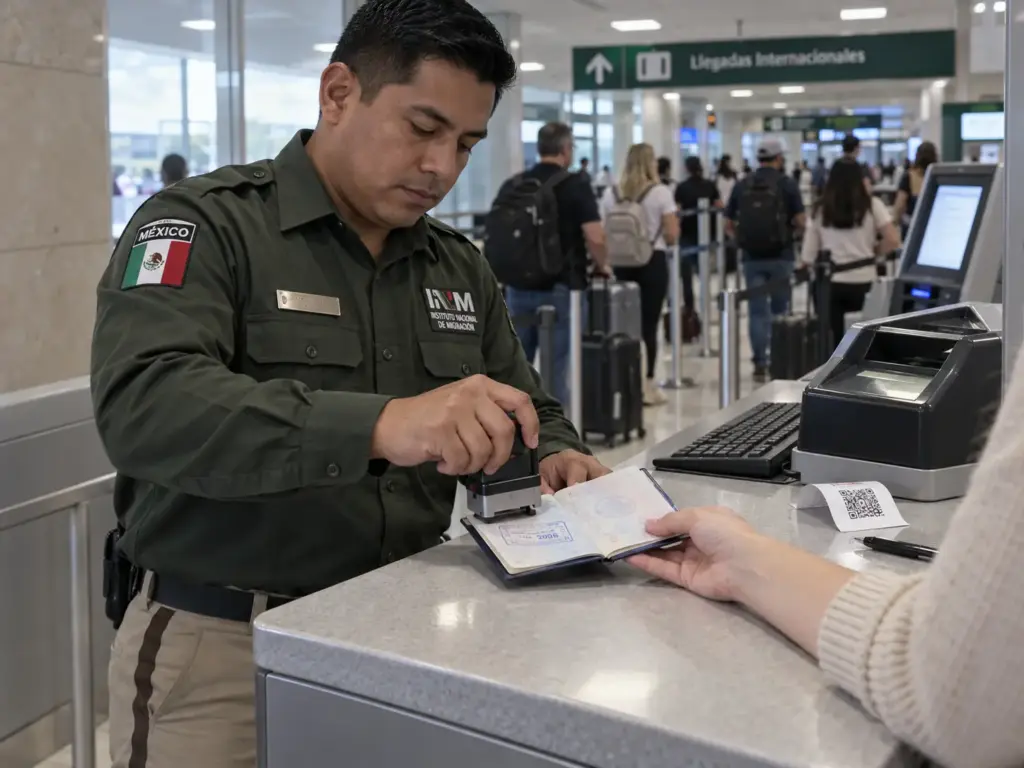Agente del INM sellando un pasaporte en un módulo de llegadas de un aeropuerto mexicano