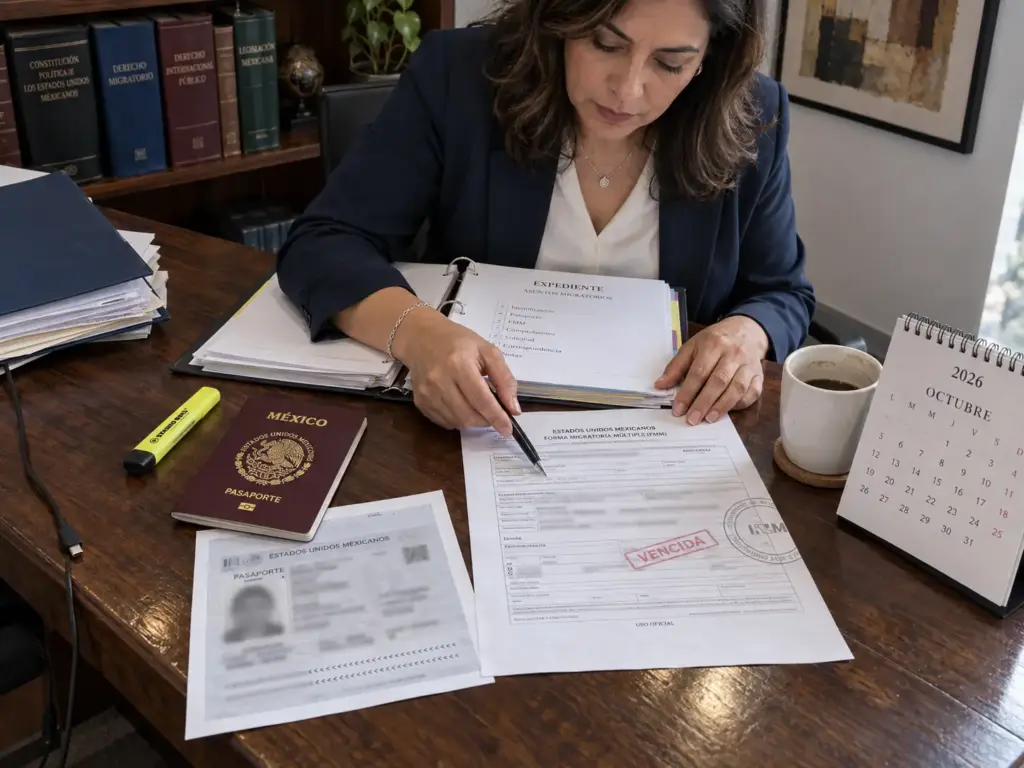 Qué Hacer si te Detienen en México con FMM Vencida 1 Manos sobre un pasaporte y una FMM vencida en una mesa de trabajo, el primer paso al regularizar en México