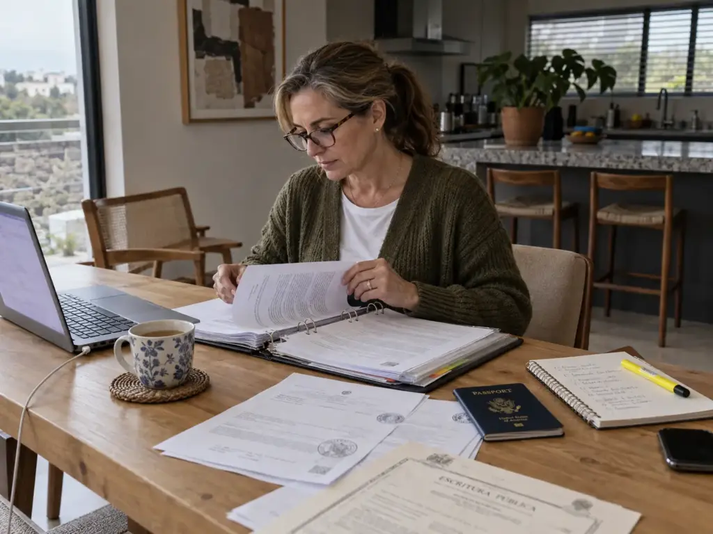 Mujer expatriada revisando escrituras y documentos de su casa en Querétaro en su mesa de trabajo